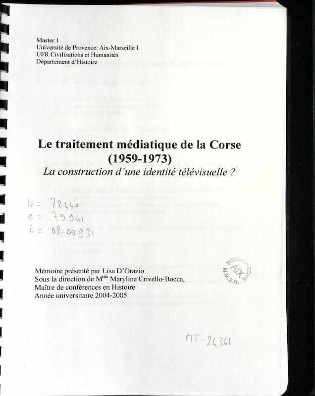 >Le traitement médiatique de la Corse (1959-1973)