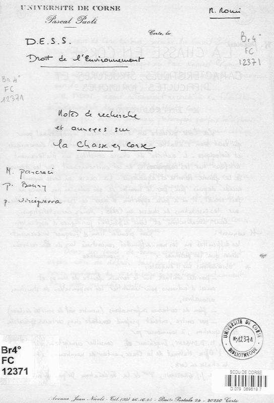 Notes de recherche et annexes sur la chasse en Corse