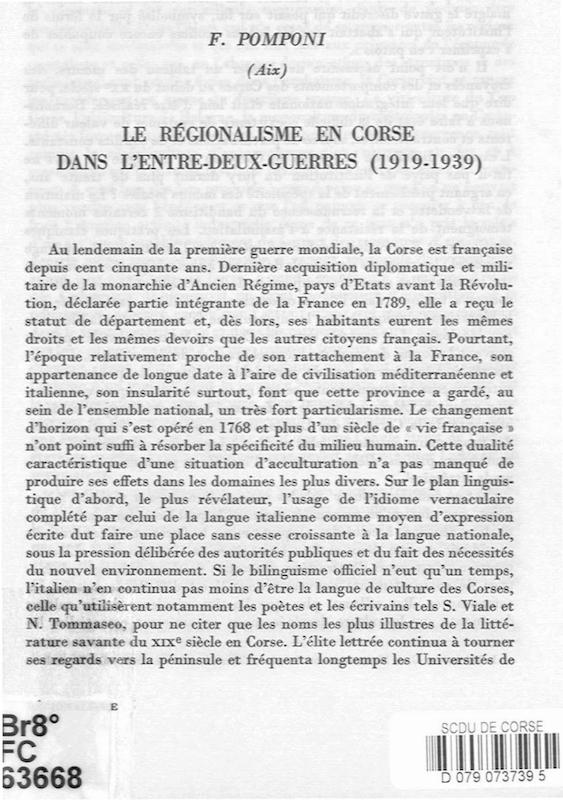 >Le régionalisme en Corse dans l'entre-deux-guerres (1919-1939)