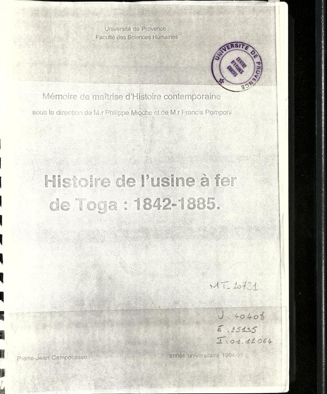 >Histoire de l'usine à fer de Toga : 1842-1885