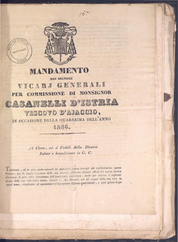 Mandamento dei signori vicari generali per commissione di Monsignor Casanelli d'Istria vescovo d'Ajaccio, in occasione della quaresima dell'anno 1836