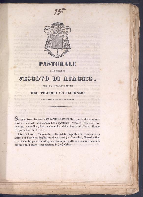 Pastorale di Monsignor Vescovo di Ajaccio, per la publicazione del piccolo catechismo da insegnarsi nella sua diocesi (1834)