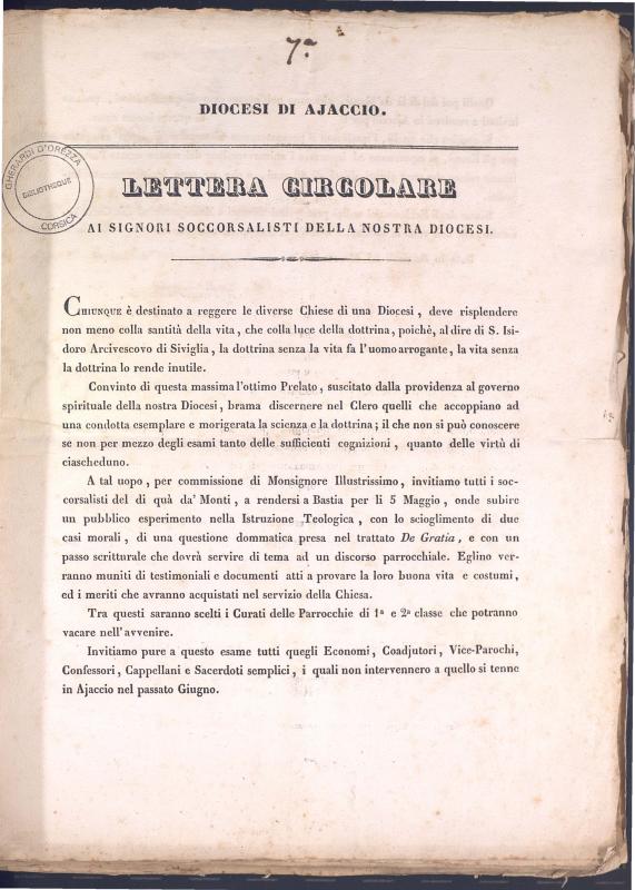 Lettera circolare ai signori soccorsalisti della nostra diocesi (1835)