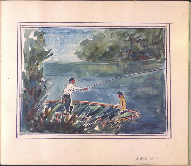 >Scène de pêche sur un lac avec barque