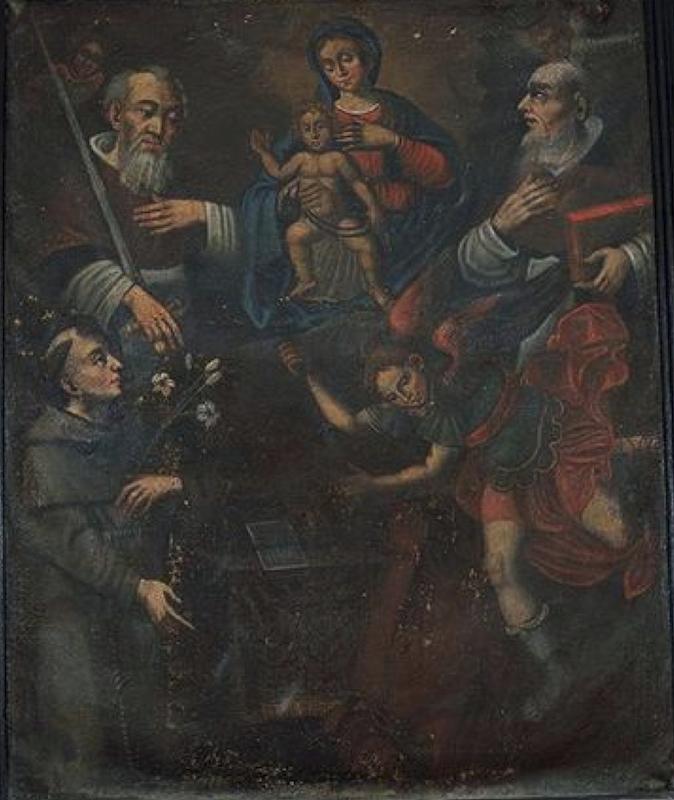 >Vierge du Mont Carmel entourée de saint Berthold du Mont Carmel, Saint Antoine de Padoue, Saint Simon, Saint Michel terrassant le démon