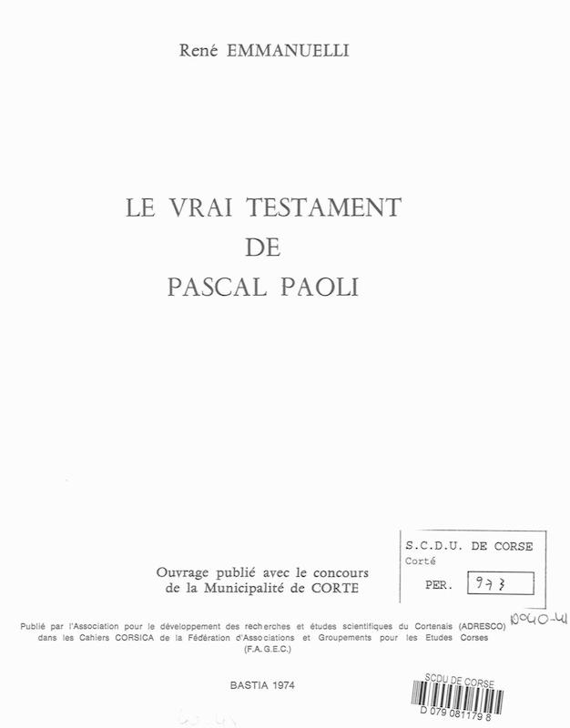 >Cahiers Corsica N° 40-41 Le vrai testament de Pascal Paoli