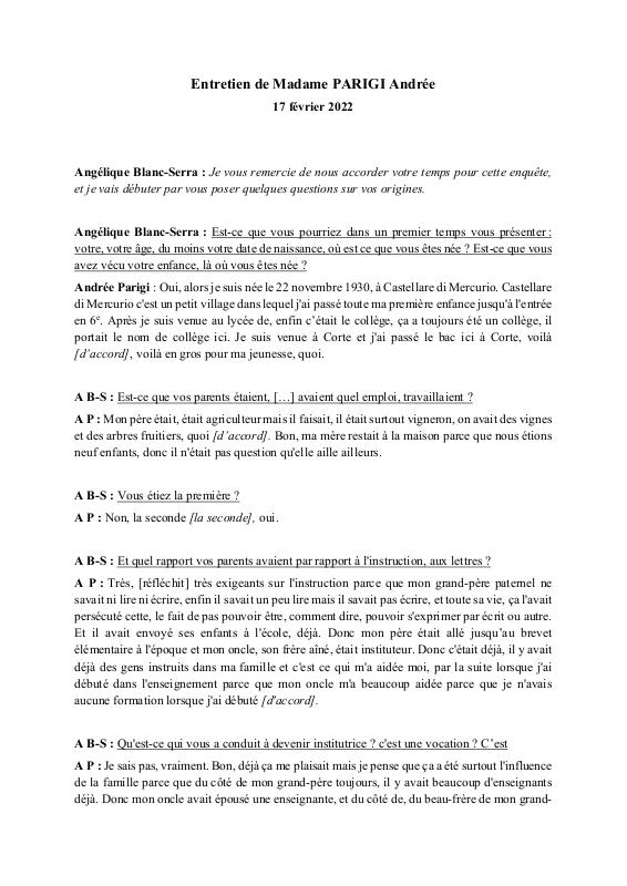 Transcription de l'entretien de Andrée Parigi (17 février 2022)