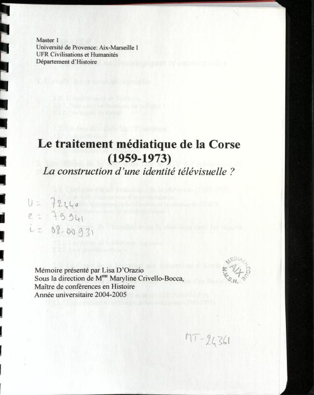 >Le traitement médiatique de la Corse (1959-1973)