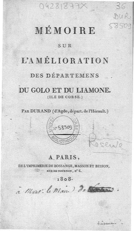 >Mémoire sur l'amélioration des départements du Golo et du Liamone (île de Corse)