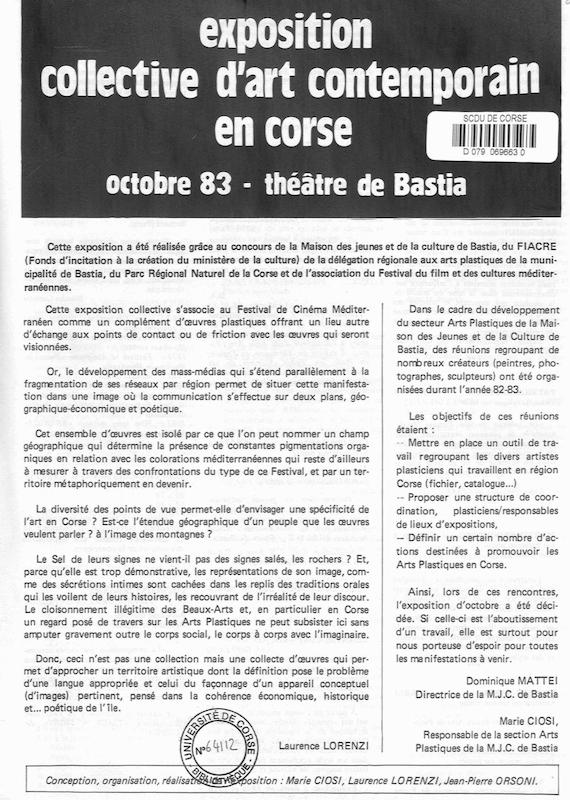 Exposition collective d'art contemporain en Corse, octobre 1983, théâtre de Bastia