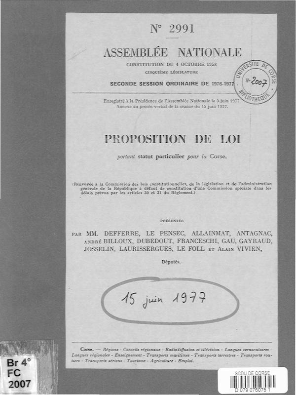Proposition de Loi portant Statut particulier pour la Corse