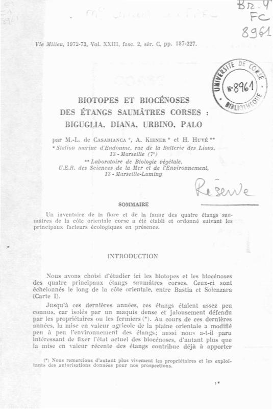 >Biotopes et biocénoses des étangs Saumâtres corses : Biguglia, Diana, Urbino, Palo