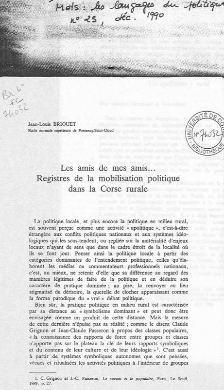 >Les amis de mes amis : registres de la mobilisation politique dans la Corse rurale
