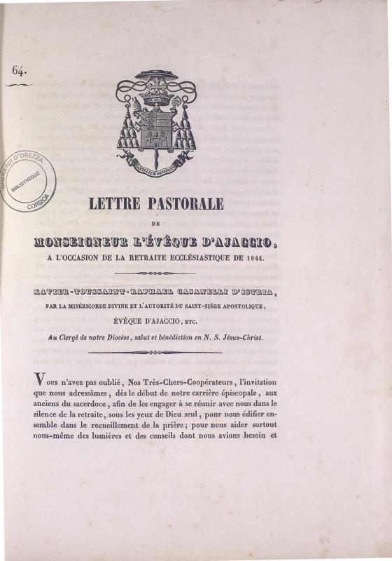 Lettre pastorale de Monseigneur l'évêque d'Ajaccio, à l'occasion de la retraite ecclésiastique de 1844