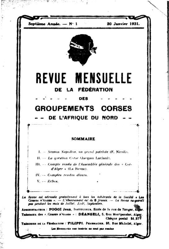 >Revue mensuelle de la Fédération des Groupements Corses de l’Afrique du Nord Janvier 1931
