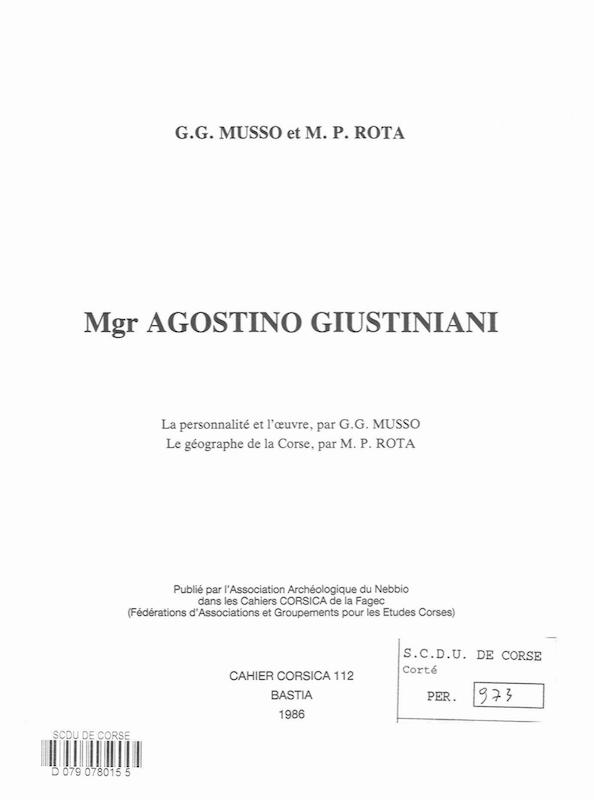 >Cahiers Corsica N° 112 Mgr Agostino Giustiniani 1986