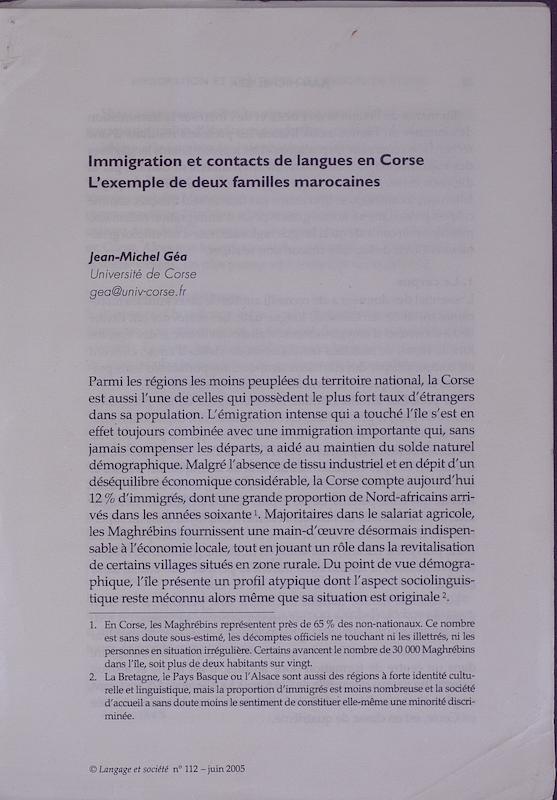 >Immigration et contacts de langue en corse. L'exemple de deux familles marocaines