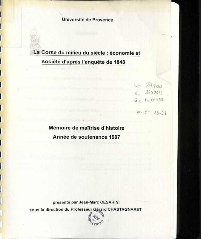 >La Corse du milieu du siècle : économie et société d'après l'enquête de 1848
