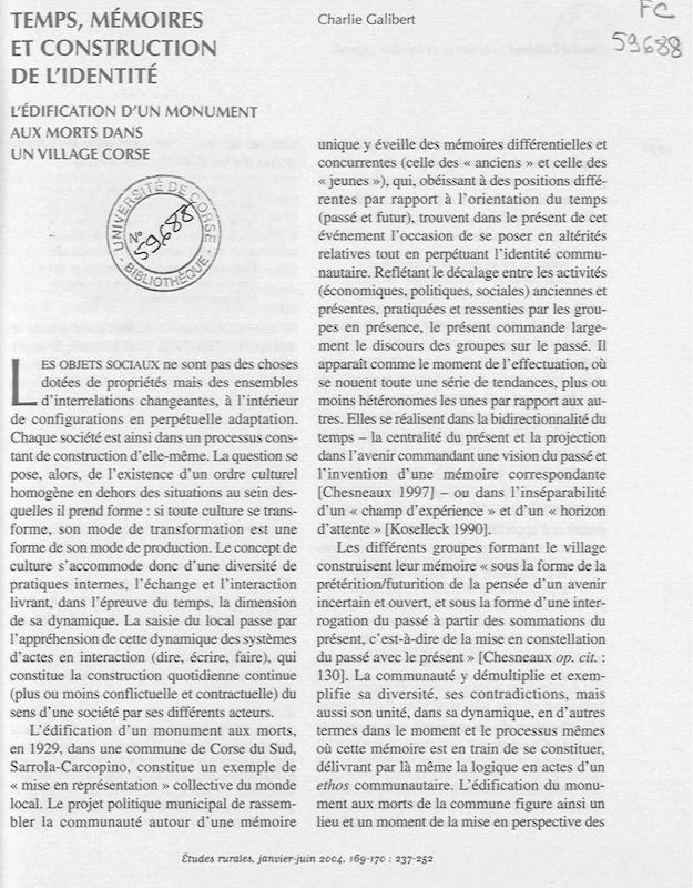 >Temps, mémoires et construction de l'identité