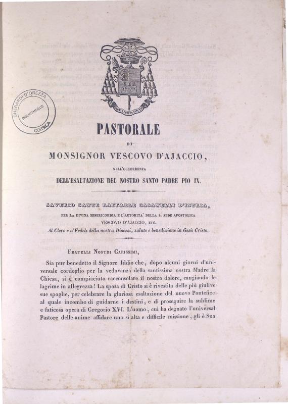 Pastorale di Monsignor Vescovo d'Ajaccio, nell'occorenza dell'esaltazione del nostro Santo Padre Pio IX (1846)