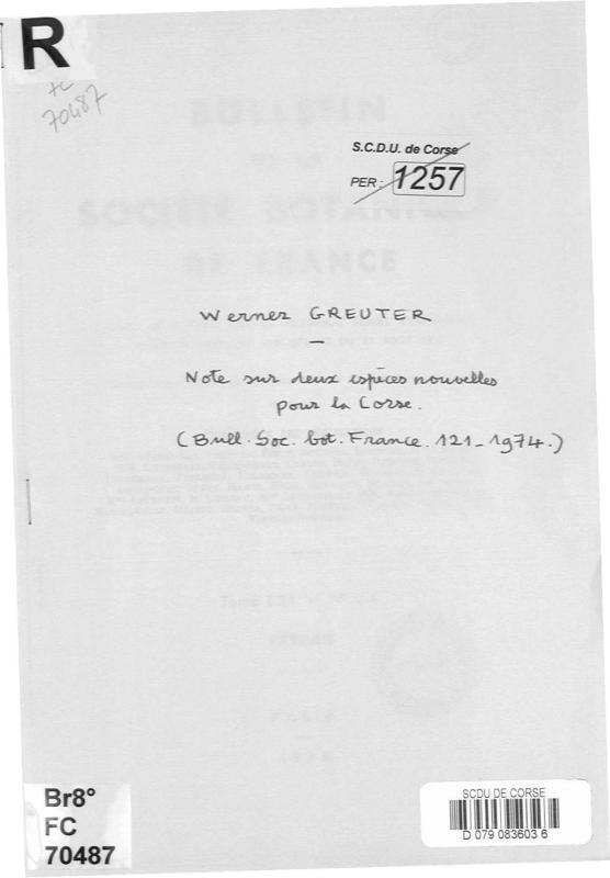 >Notes sur deux espèces nouvelles pour la Corse. Bull. Soc. Bot. France, 121 (1974)