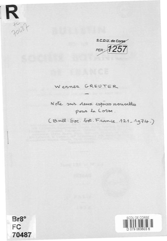 Notes sur deux espèces nouvelles pour la Corse. Bull. Soc. Bot. France, 121 (1974)