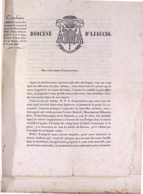 Circulaire à MM. Les Curés et Desservants à l'occasion de la mort de Monseigneur Pino, Prélat Domestique de N. S. P. le Pape, et Premier Vicaire -Général du Diocèse, décédé le 17 juin 1843