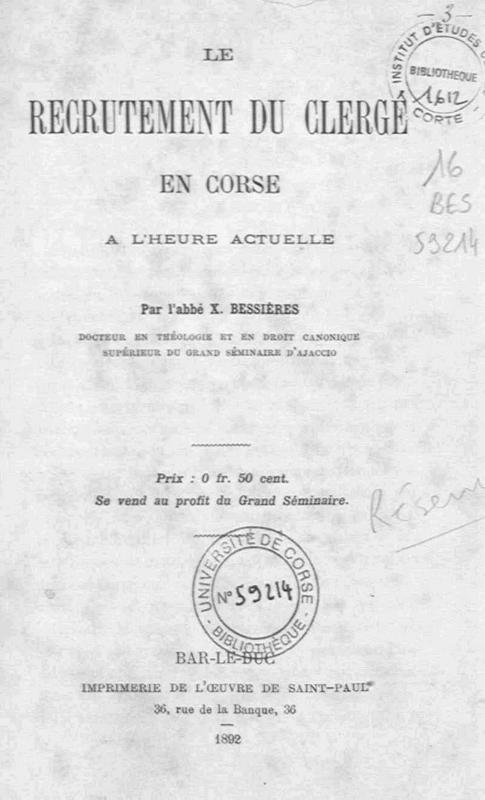 >Le recrutement du clergé en Corse