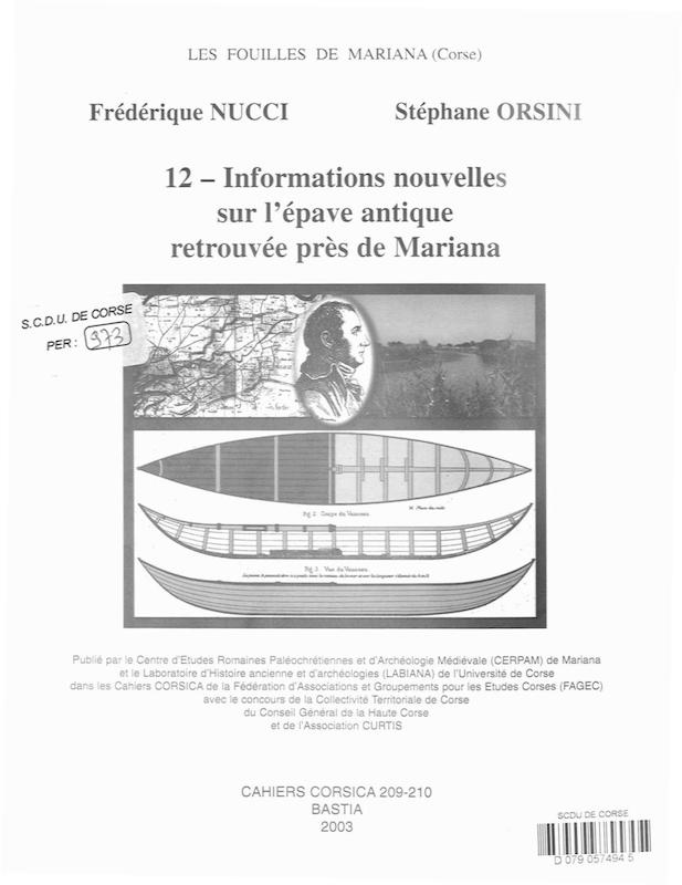 >Cahiers Corsica N° 209-210 Informations nouvelles sur l'épave antique retrouvée près de Mariana 2003