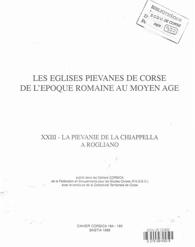 >Cahiers Corsica N° 184-185 Les églises piévanes de Corse de l'époque romaine au Moyen Age 1999