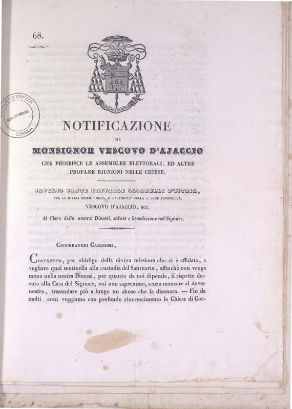 Notificazione di Monsignor Vescovo d'Ajaccio che proibisce le assemblee elettorali, ed altre profane riunioni nelle chiese (1845)
