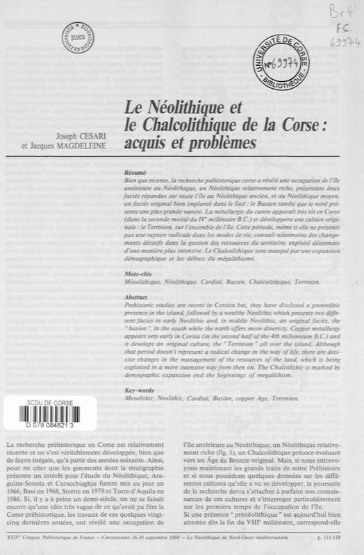 >Le Néolithique et le Chalcolithique de la Corse acquis et problèmes