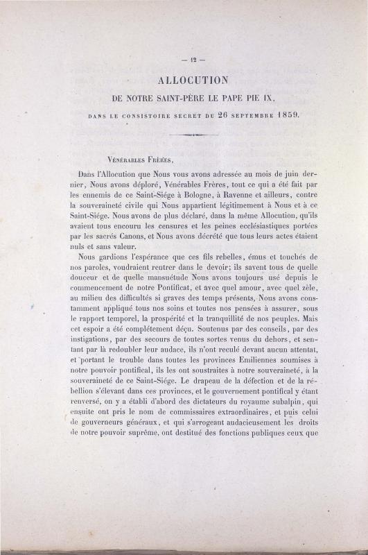 Allocution de notre Saint-Père le Pape Pie IX, dans le consistoire secret du 26 septembre 1859