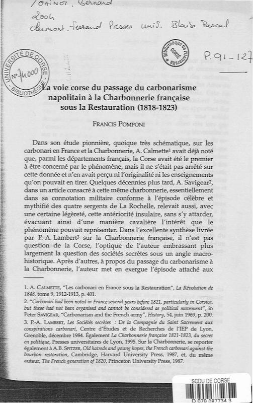 >La voie corse du passage du carbonarisme napolitain à la Charbonnerie française sous la Restauration 1818-1823