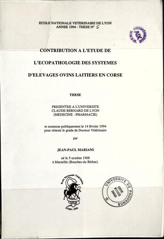 >Contribution à l'étude de l'écopathologie des systèmes d'élevage ovins laitiers en Corse