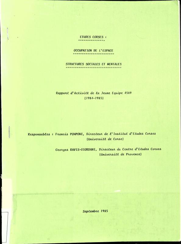 >Etudes corses : occupation de l'espace, structures sociales et mentales