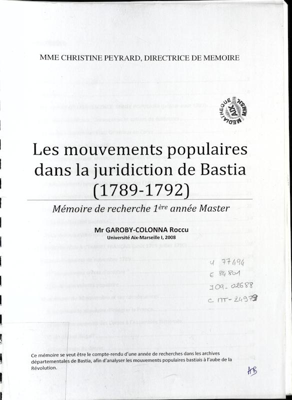 >Les mouvements populaires dans la juridiction de Bastia (1789-1792)
