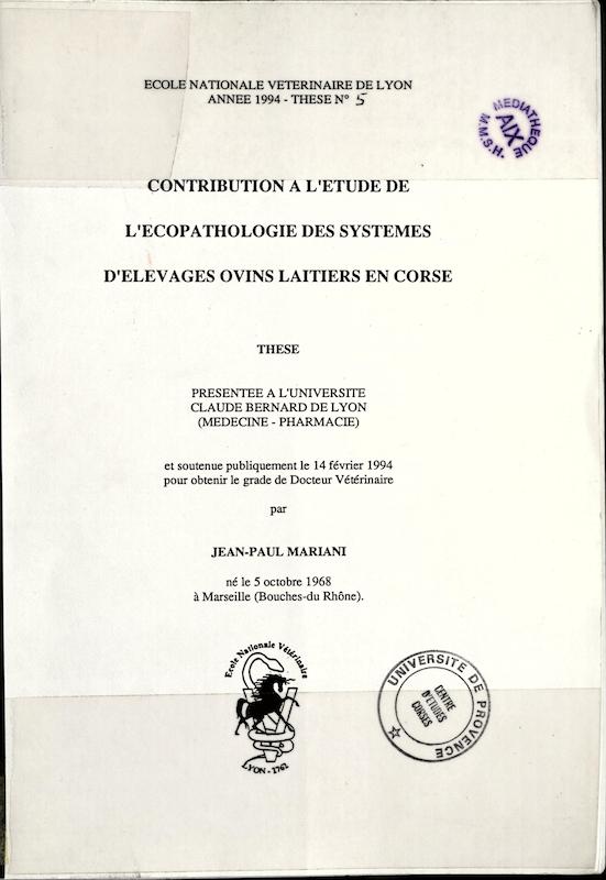 >Contribution à l'étude de l'écopathologie des systèmes d'élevage ovins laitiers en Corse