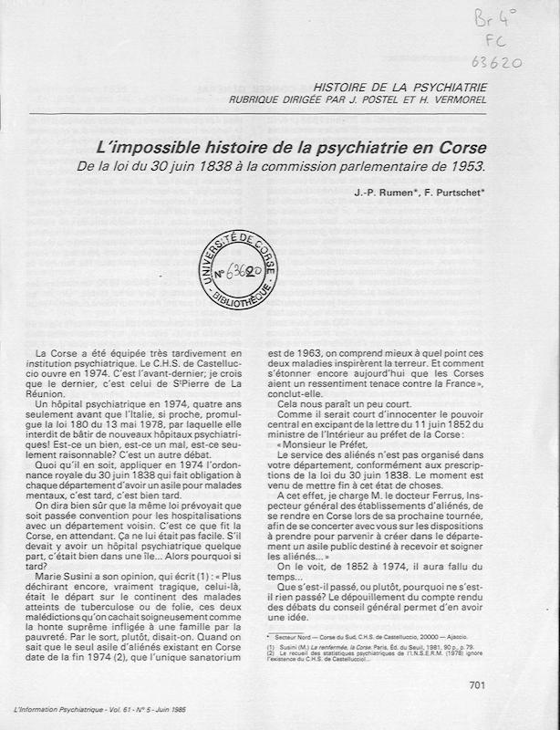 >L'impossible histoire de la psychiatrie en Corse