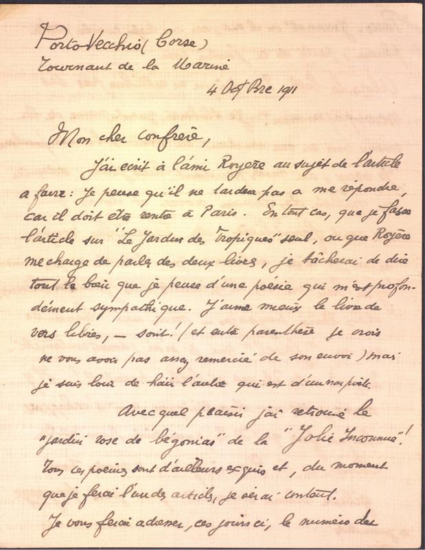 Correspondance de John-Antoine Nau à Daniel Thaly (4 octobre 1911)