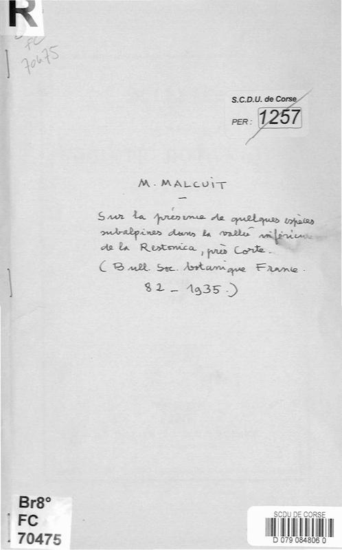 >Sur la présence de quelques espèces subalpines dans la vallée inférieure de la Restonica, près de Corte