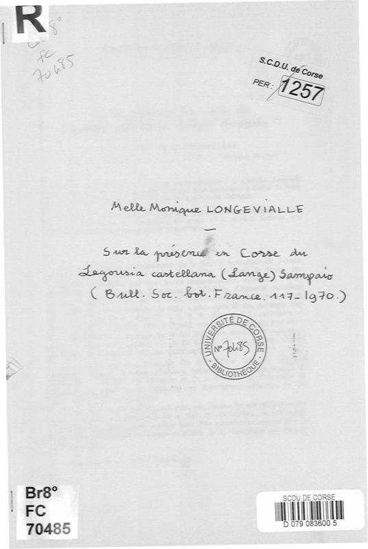 >Sur la présence en Corse du Legousia castellana Lange & Sampaio