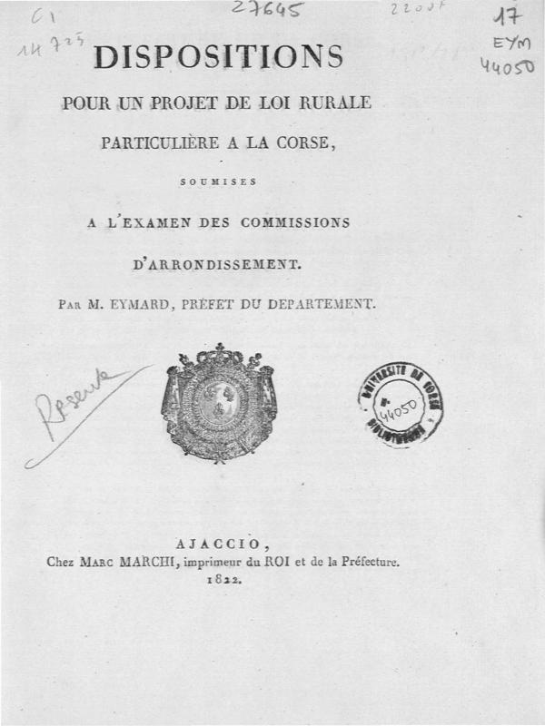 >Dispositions pour un projet de loi rurale particulière à la Corse