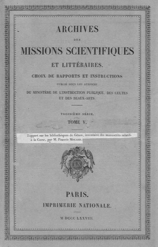 >Rapport sur les bibliothèques de Gênes, inventaire des manuscrits relatifs à la Corse