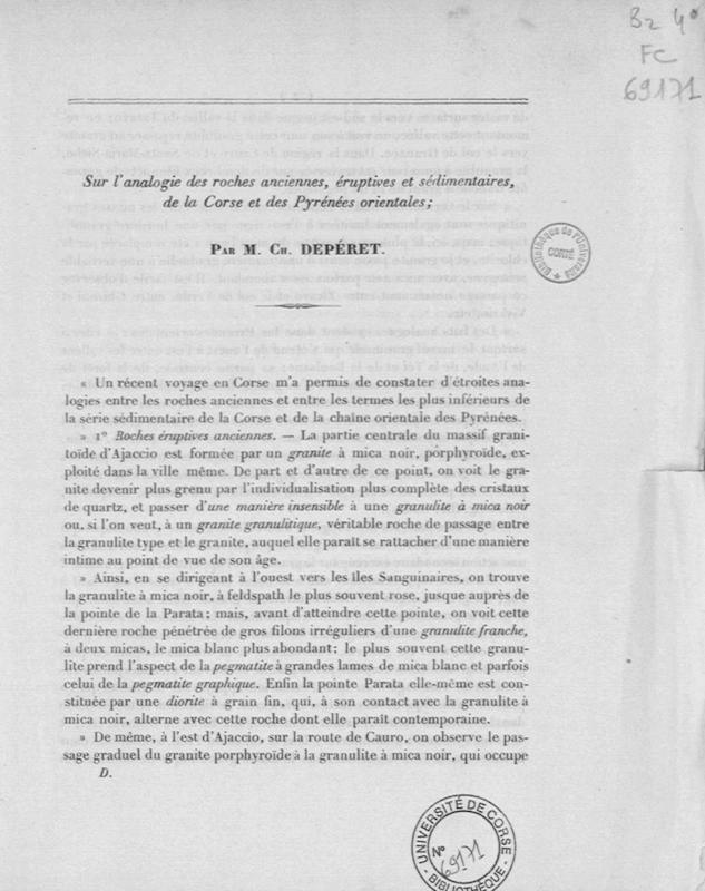 Sur l'analogie des roches anciennes éruptives et sédimentaires, de la Corse et des Pyrénées orientales