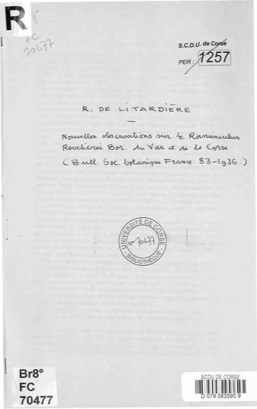 >Nouvelles observations sur le Ranunculus reverlieri Bor. du Var et de la Corse. Bull. Soc. Bot. France, 83 (1936)