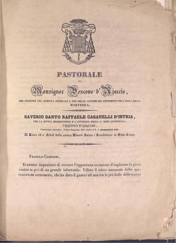 Pastorale di Monsignor Vescovo d'Ajaccio, che ingiunge une questa generale a prò delle vittime del terremoto nell'isola della Martinica (1839)
