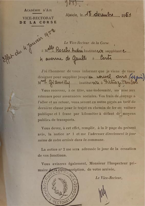 Avis de suppléance de poste transmis à Andrée Parigi (1951)