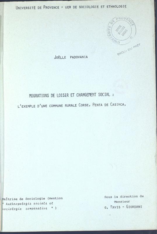 >Migrations de loisir et changement social : l'exemple d'une commune rurale corse, Penta de Casinca