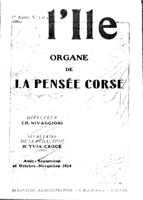 >L’Île, organe de la pensée corse. Août-septembre-octobre-novembre 1934